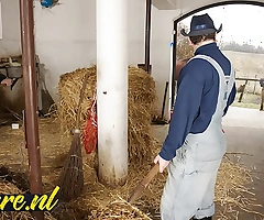 Wooly horse tamer dual penetrated in horse stable for her first time