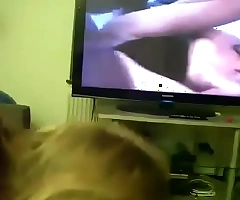 Mom gives lass head while that guy watches pornography