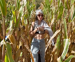 Wifey gets spitroast increased by double creamepie by spouse increased by his friend in pen up corn field